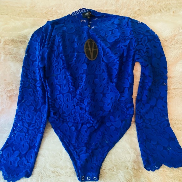 Vertigo Paris Estate Blue Lace Bodysuit Top - Picture 3 of 8